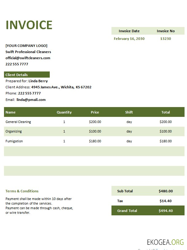Modèle de facture gratuit pour le service de nettoyage